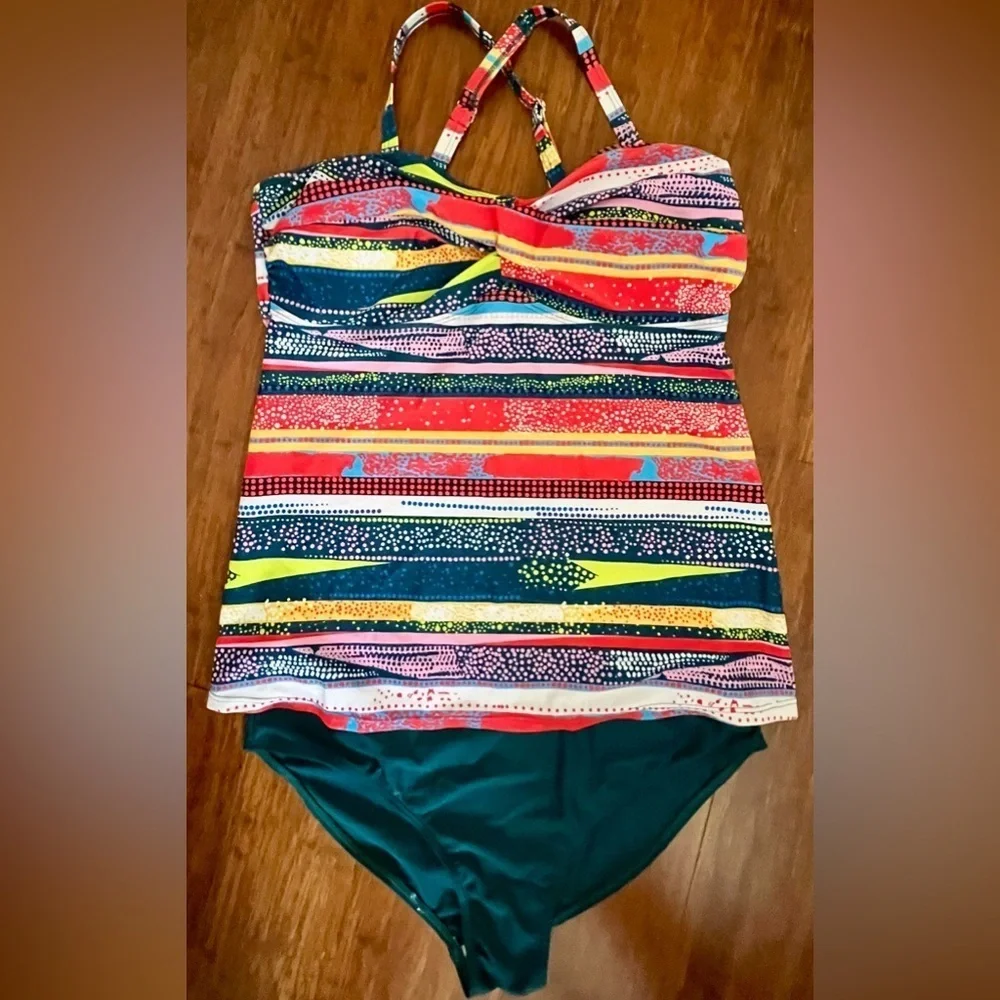 Swimwear Tankini 2PC Multi Graphic Stripe Tank Top Solid High Waist Bikini SZ L